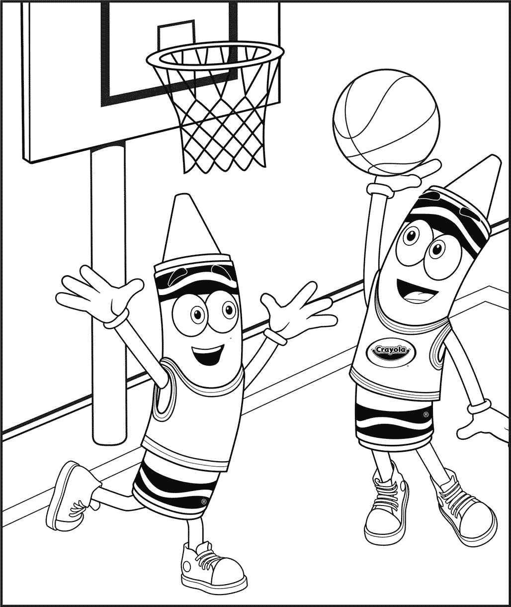 Two Crayola tip characters playing basketball.