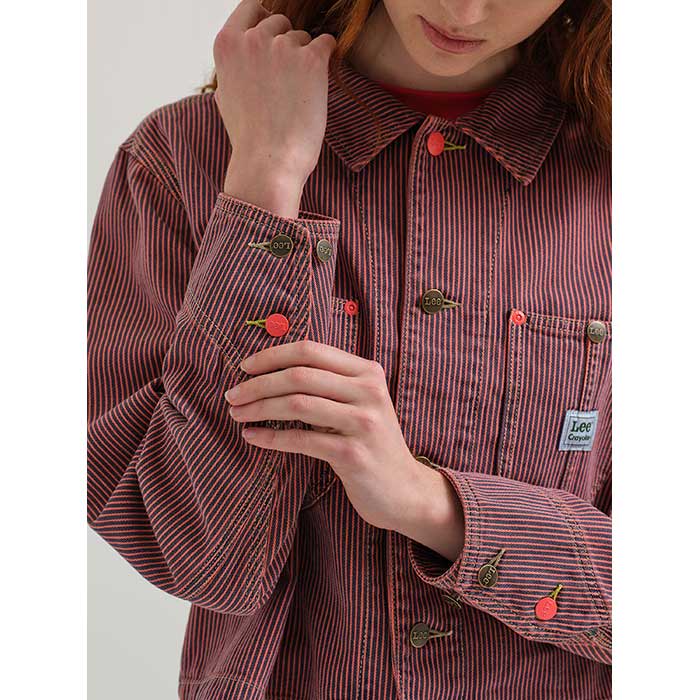 Crayola x Lee Women's Limited Edition Colors Crop Chore Jacket front view highlighting button closure on sleeves.
