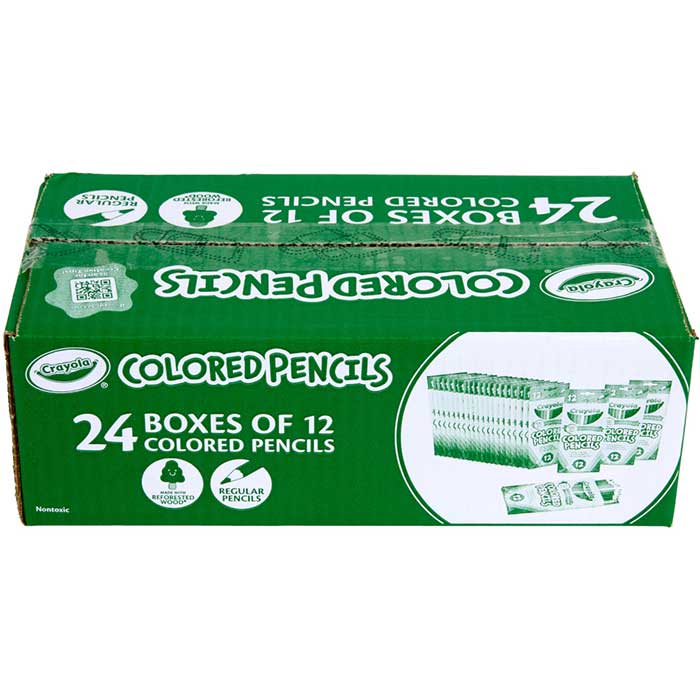 Bulk Colored Pencil Set, 24 Boxes of 12 Colors. Top and front view.