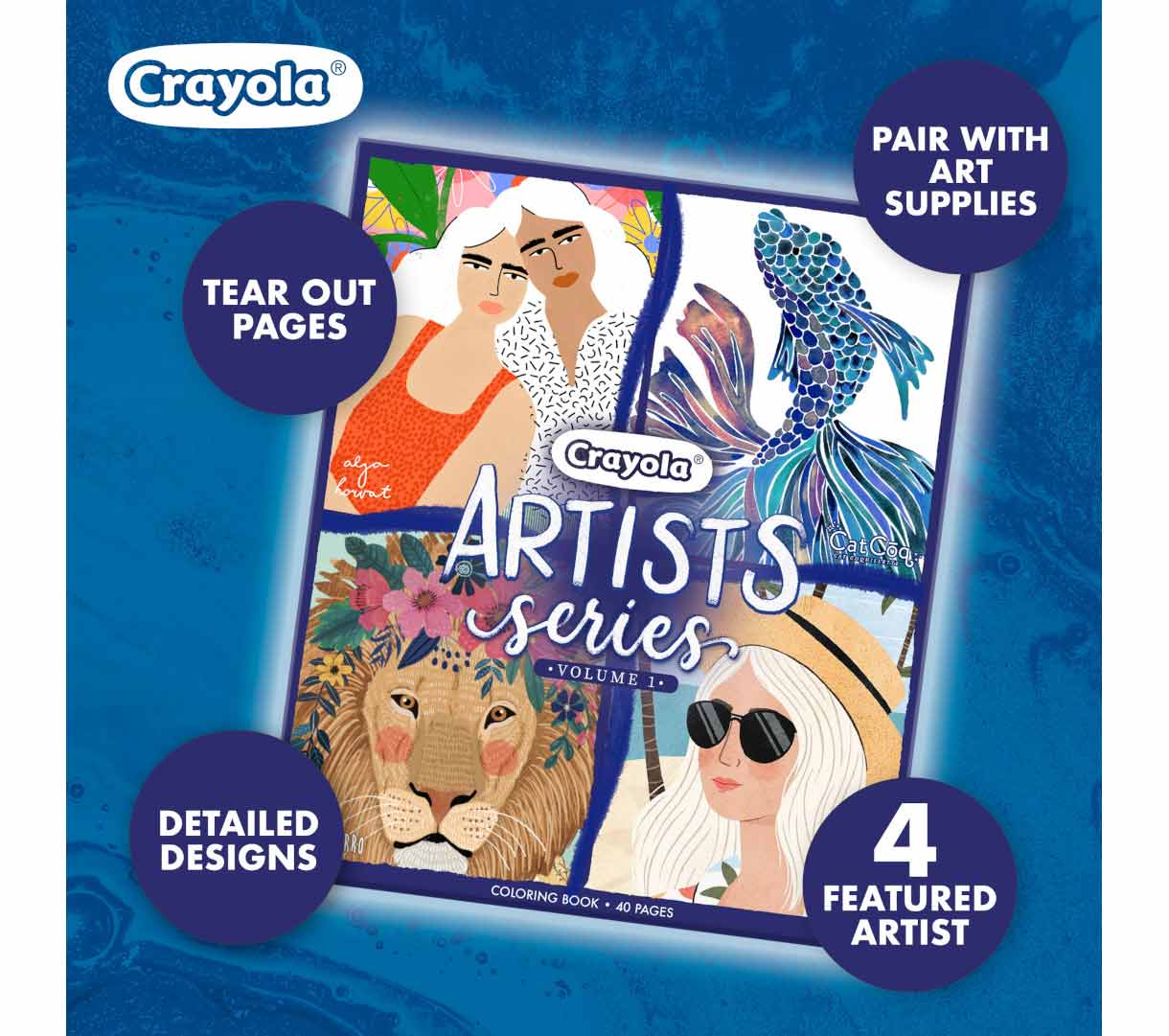 Artist Series Volume 1 Coloring Book.  TEar out pages. Pair with art supplies. Detailed designs. 4 featured artists