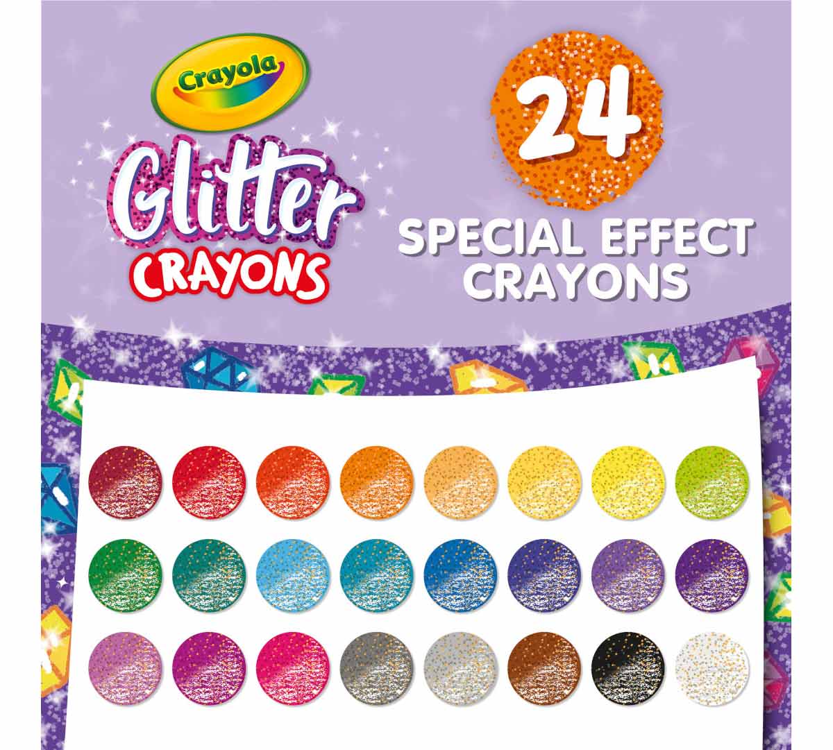 Glitter Crayons  24 count. 24 special effect crayons.  Circular glitter crayon color swatches.