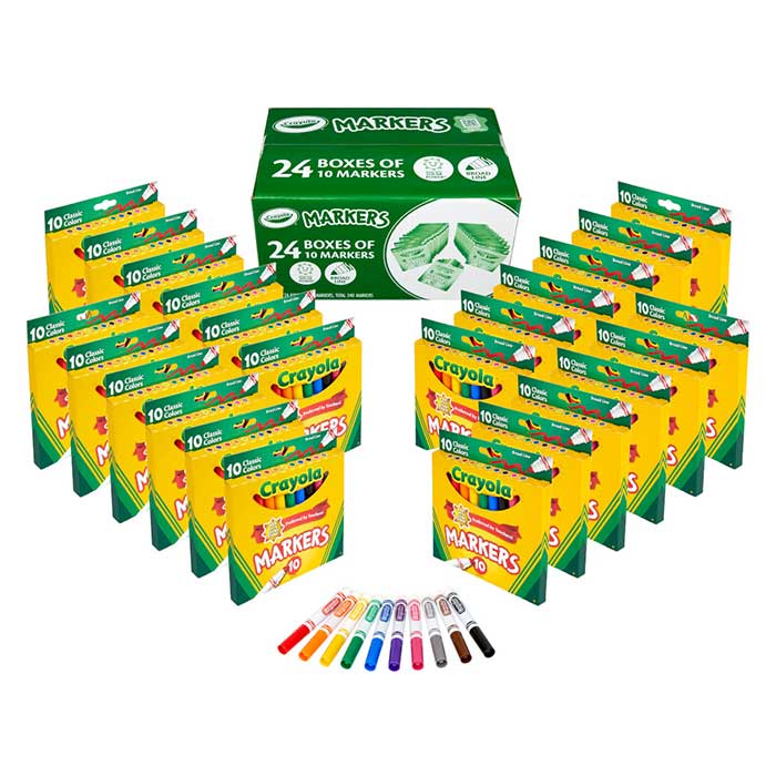 Bulk Marker Set, 24 Boxes of 10 Colors. Packaging and contents.