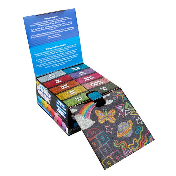 Washable Sidewalk Super Chalk, 10 count. Top, left angled view. packaging only.